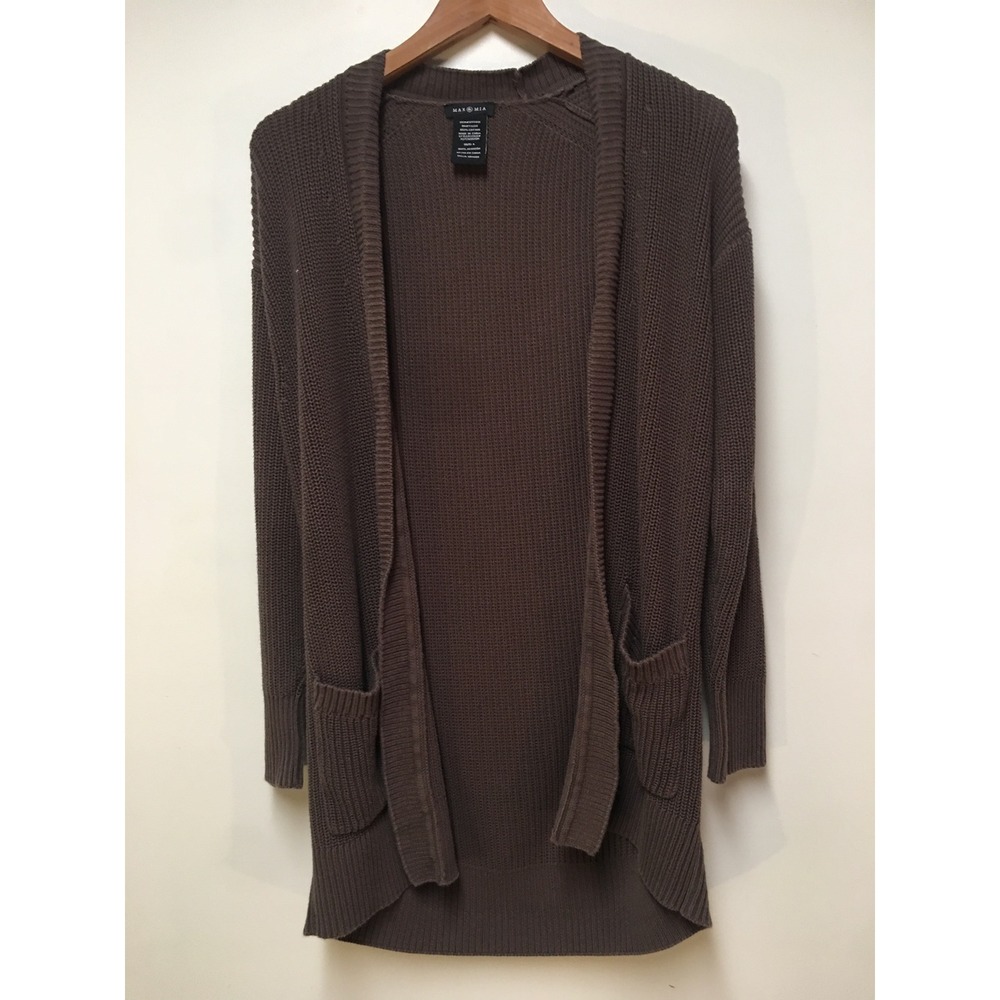 Max & Mia Cardigan Women Large Brown Cotton Shaker Knit Open Front Longline